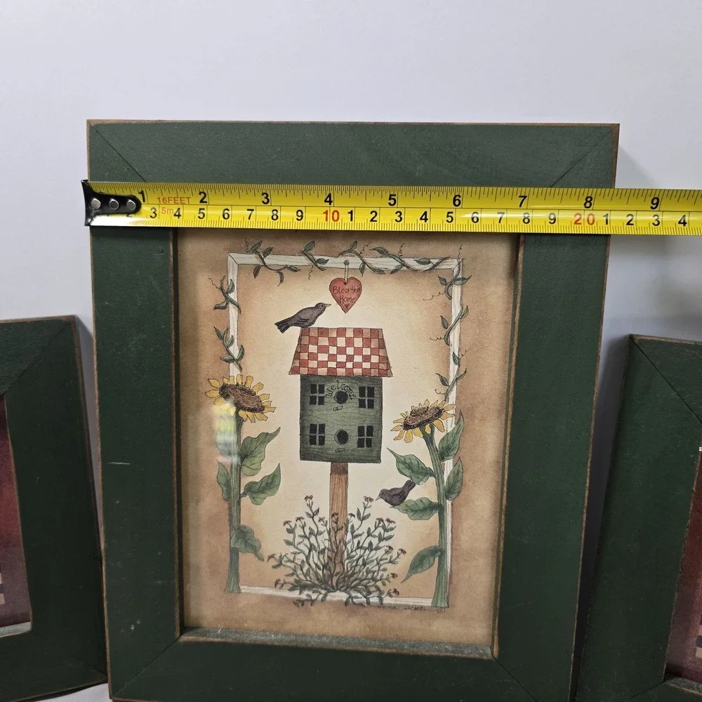 Country Cottage Decor 3-Piece Picture Set Green Frame Birdhouse Tyme Sage